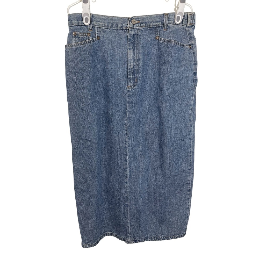 Vivaldi 14 Blue Denim Midi Skirt High Waisted Elastic Back Slit Vintage 90s Boho